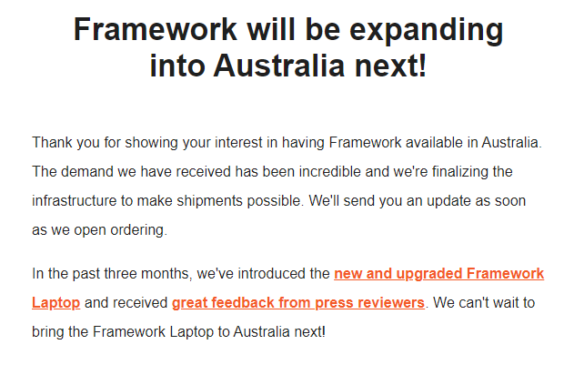 Screenshot of Framework's email announcing the move to Australia