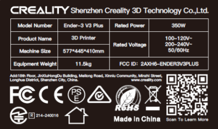 Creality Ender 3 V3 Plus FCC